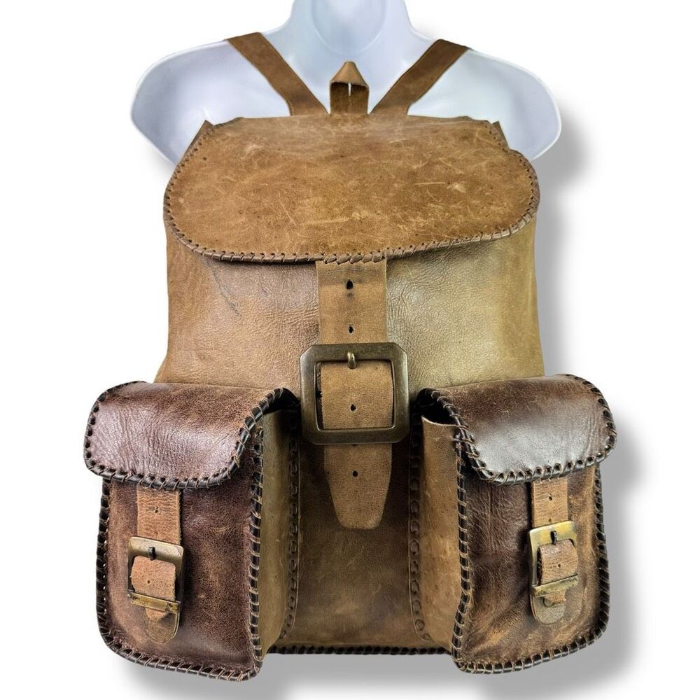 Vintage Distressed Handmade Rugged Rustic Soft Brown Tan Leather Backpack Bag - Picture 12 of 12